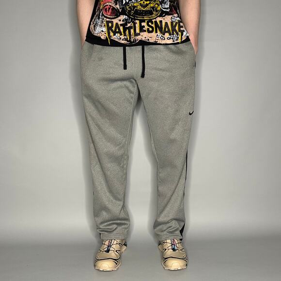 Vintage Y2K Nike Sweatpants Mens M Baggy Wide Leg Grey Polyester Black Swoosh - Picture 2 of 4